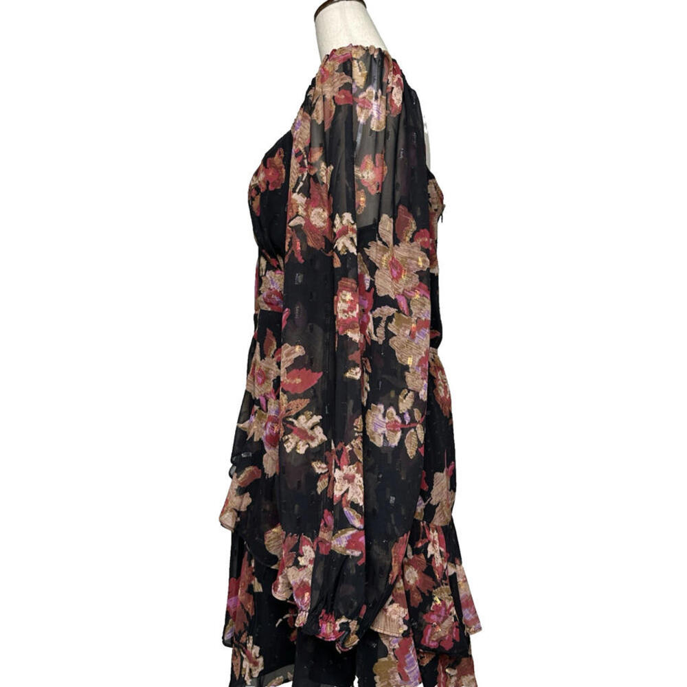 Romantic Floral Chiffon Tiered Lurex Mini Dress V Neck Balloon Sleeve - Picture 6 of 8